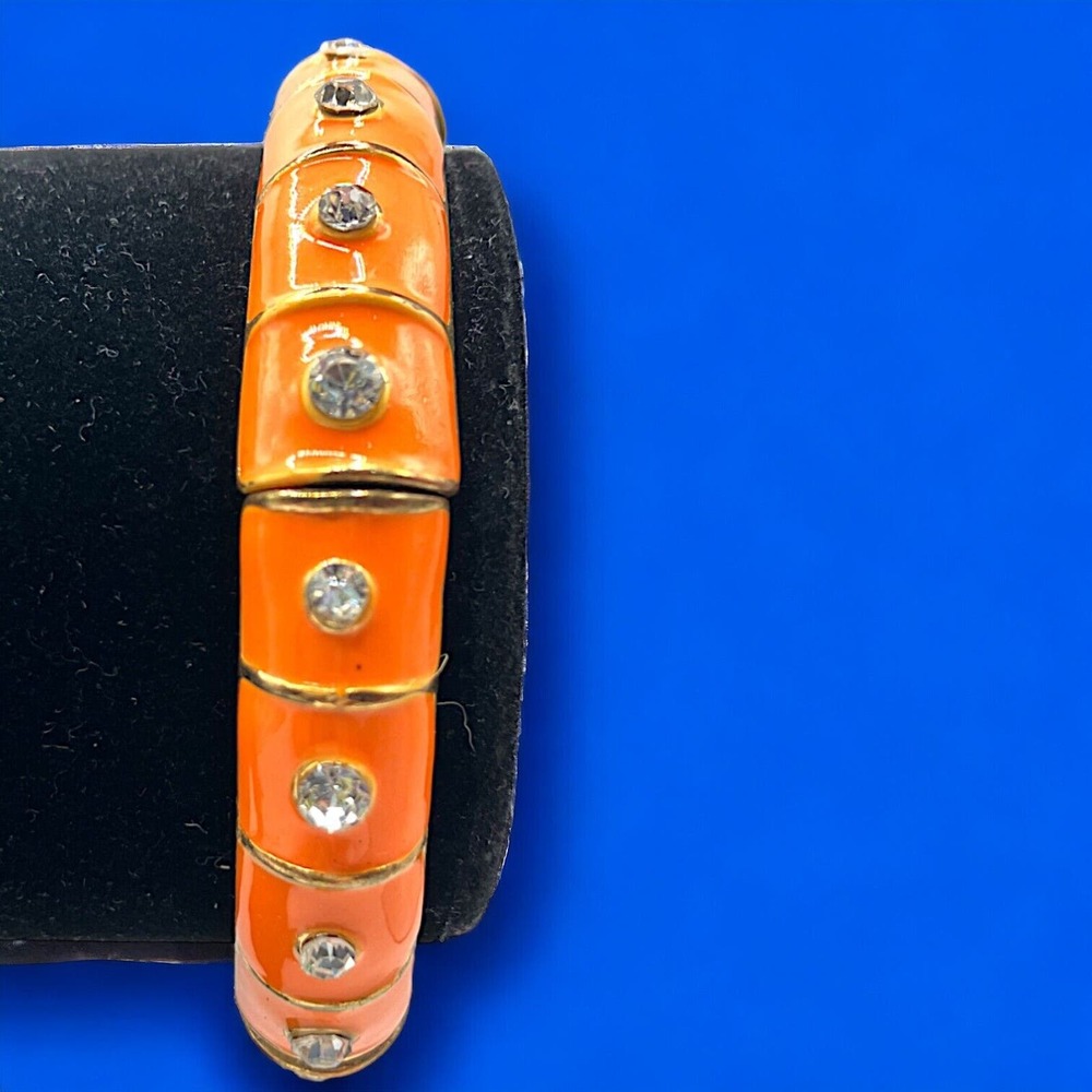Vintage Orange Enamel Rhinestone Stretch 2.5 Inch Around Bracelet!